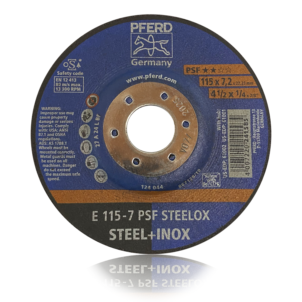 Produktbild von PFERD Schruppscheibe E 125-7 A 24 L PSF – 125 Mm, 7 Mm Dick, Korund A, Für Stahl & INOX, 12.200 RPM