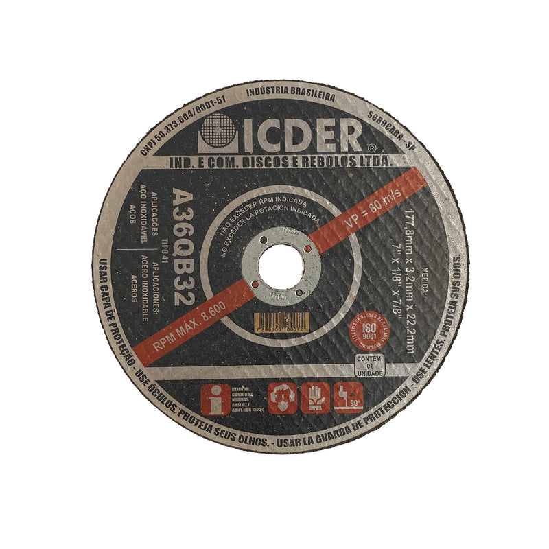 Disco De Corte - 7" x 1/8" x 7/8" - 2 Telas - Icder - 177,8 x 3,2 x 22,2 mm