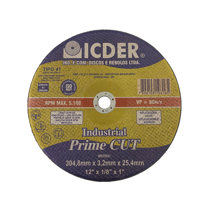 Disco de Corte (Policorte) - 12" x 1/8" x 1" - Icder - 304,8 x 3,2 x 25,4 mm